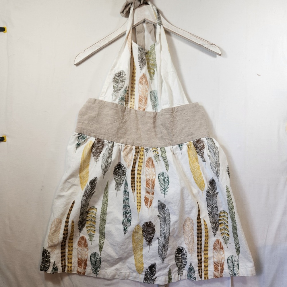 Boho Feather Print Halter Apron Dress Linen Blend White Tan Earthy Tones